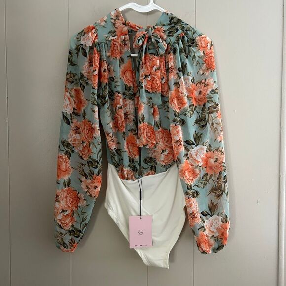 NWT Hello Molly Floral Chiffon Bodysuit | Deep V-Neck Long Sleeve Top | Size XS - Picture 4 of 11